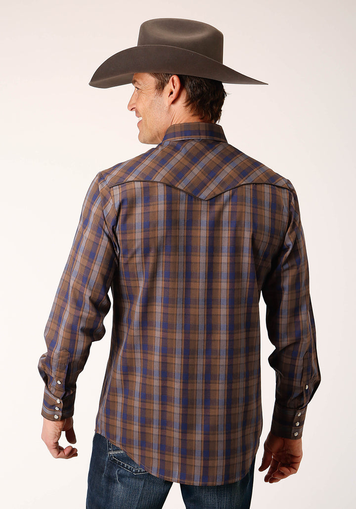 MENS LONG SLEEVE SNAP BLUE CAMEL BROWN PLAID WESTERN SHIRT WITH CONTRAST SOLID PIPING AND POCKETS