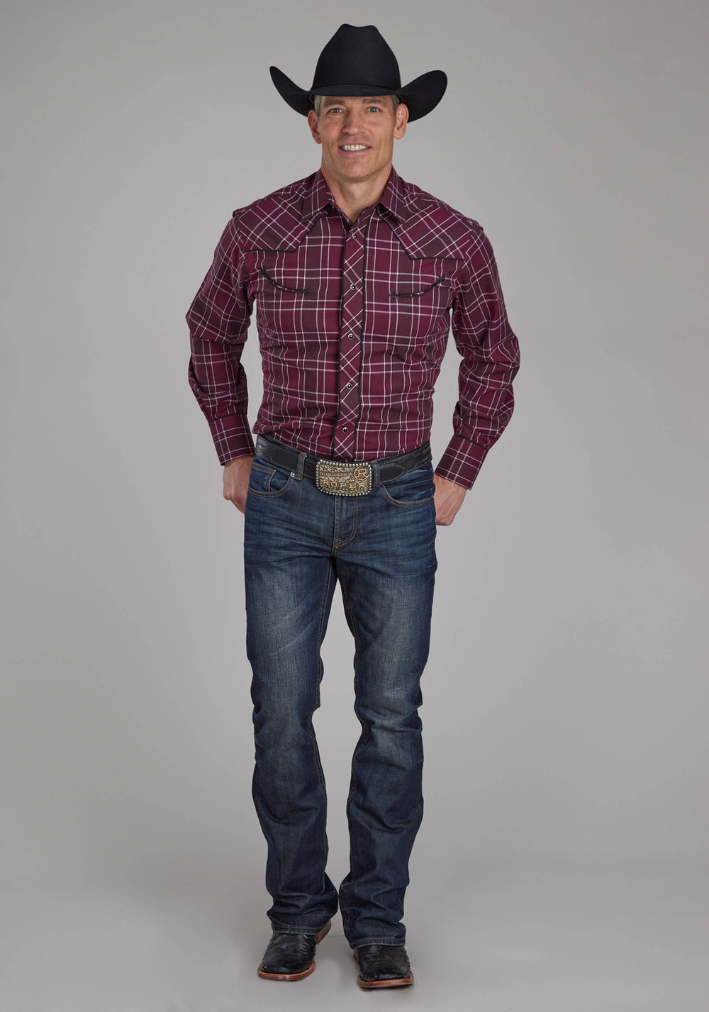 MENS WINE BLACK AND WHITE PLAID LONG SLEEVE SNAP WESTERN SHIRT