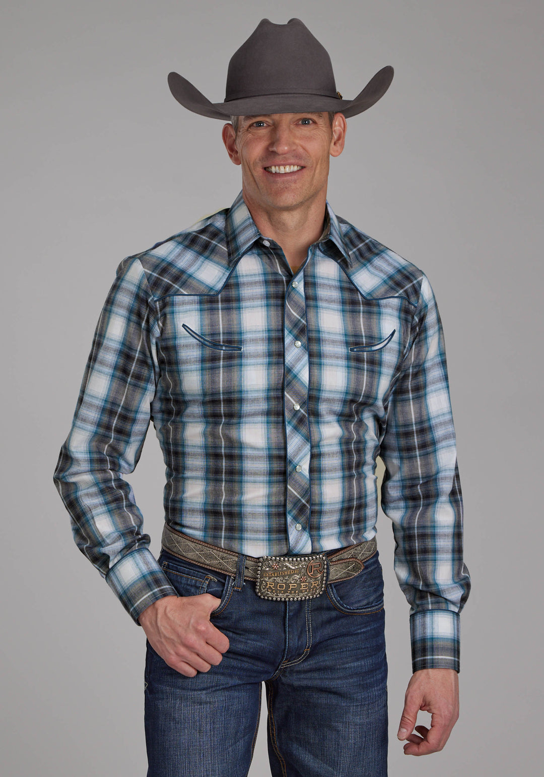 MENS NAVY TEAL AND WHITE PLAID LONG SLEEVE SNAP WESTERN SHIRT