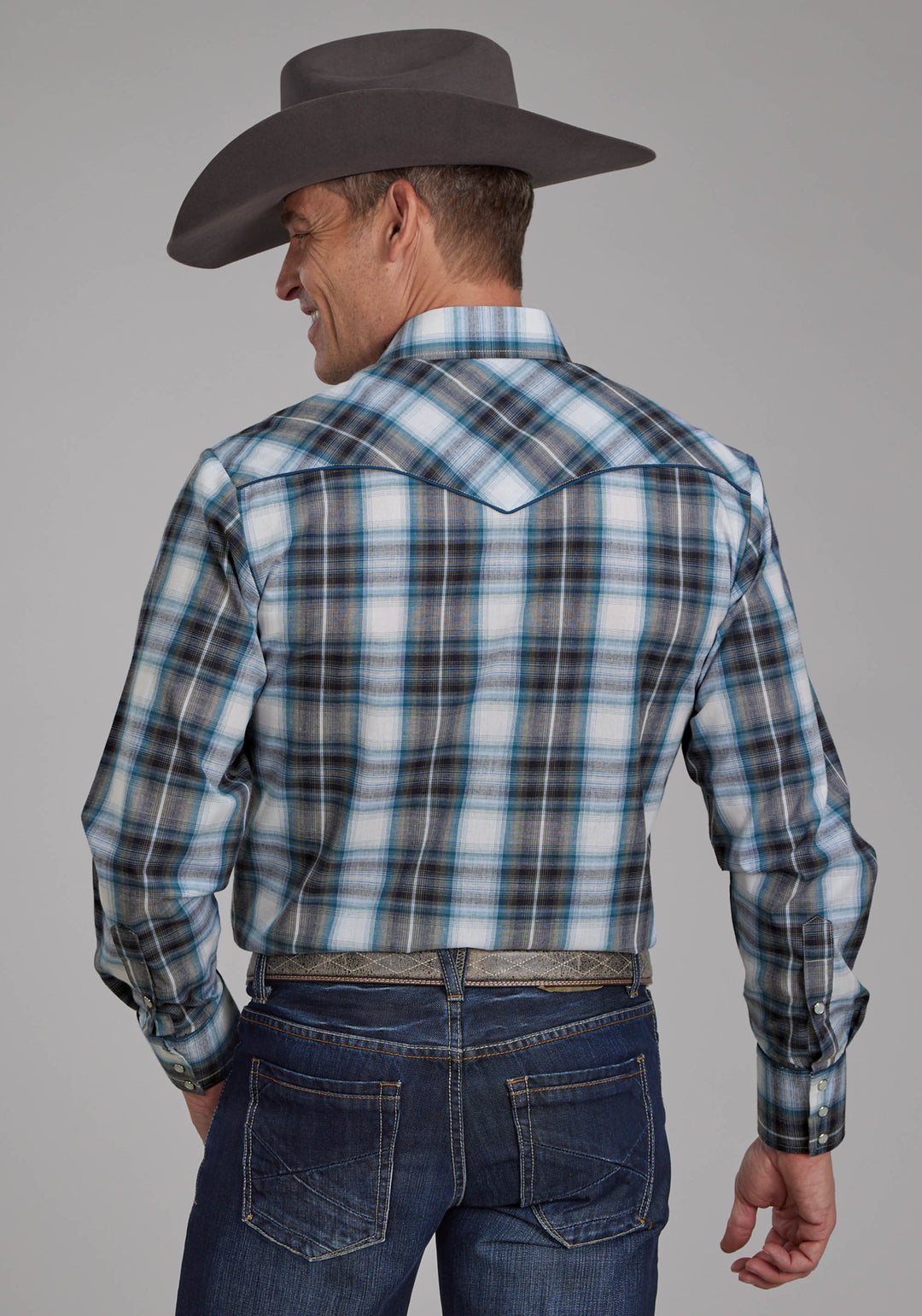 MENS NAVY TEAL AND WHITE PLAID LONG SLEEVE SNAP WESTERN SHIRT