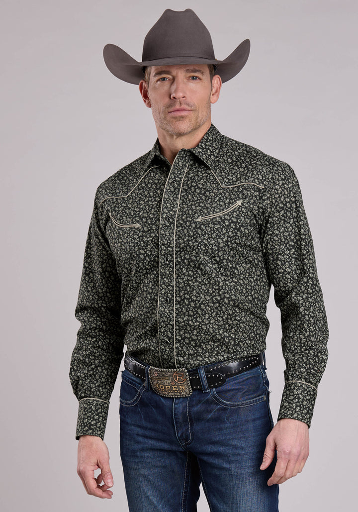 MENS LONG SLEEVE SNAP BLACK GREY FLORAL PRINT WESTERN SHIRT