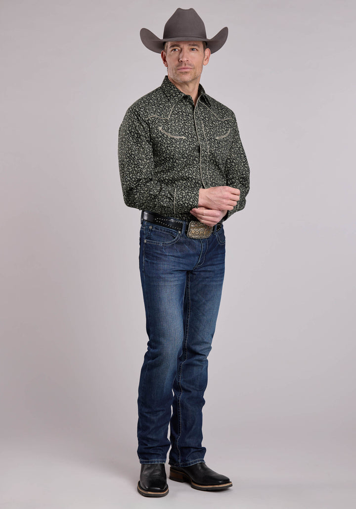 MENS LONG SLEEVE SNAP BLACK GREY FLORAL PRINT WESTERN SHIRT