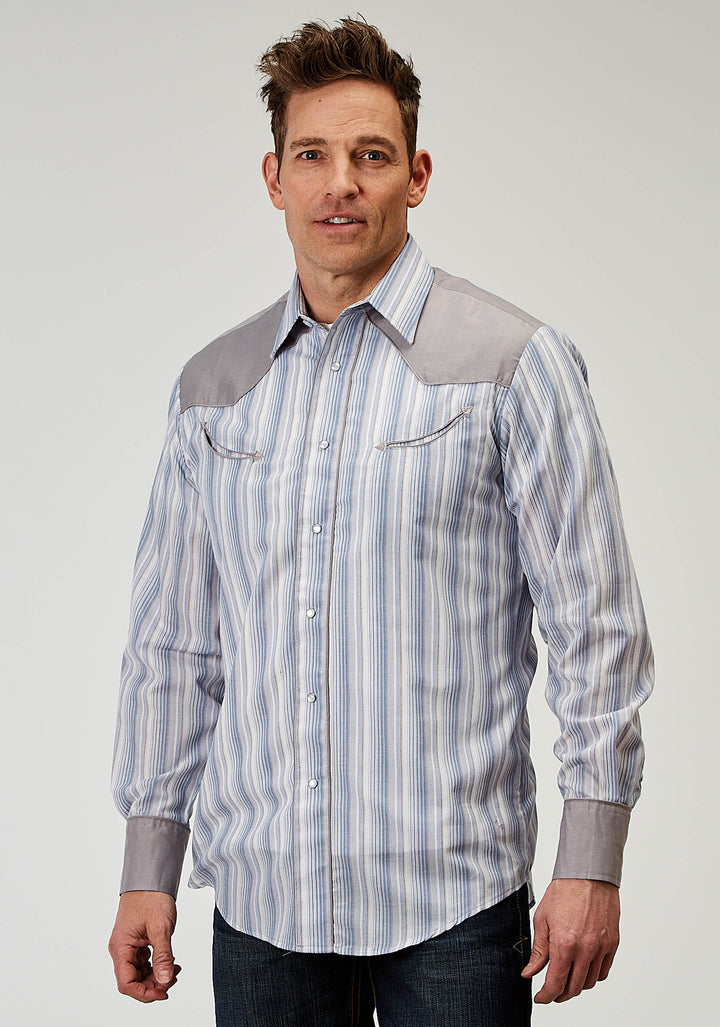 MENS LONG SLEEVE SNAP BLUE STRIPE WESTERN SHIRT WITH PIPING SOLID YOKES SMILE POCKETS