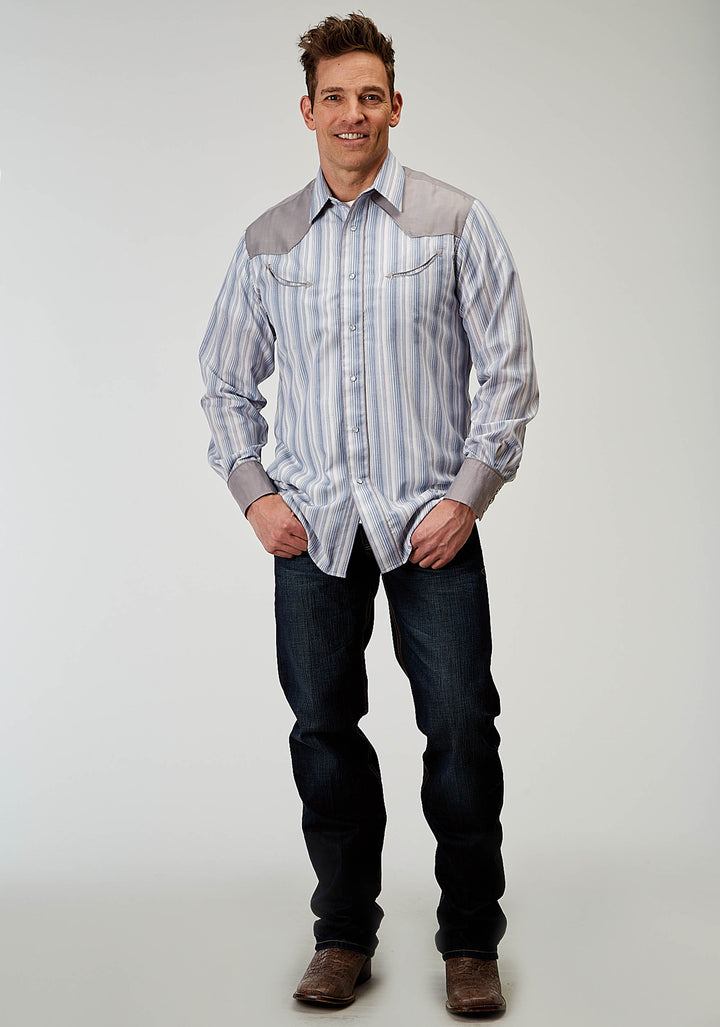 MENS LONG SLEEVE SNAP BLUE STRIPE WESTERN SHIRT WITH PIPING SOLID YOKES SMILE POCKETS