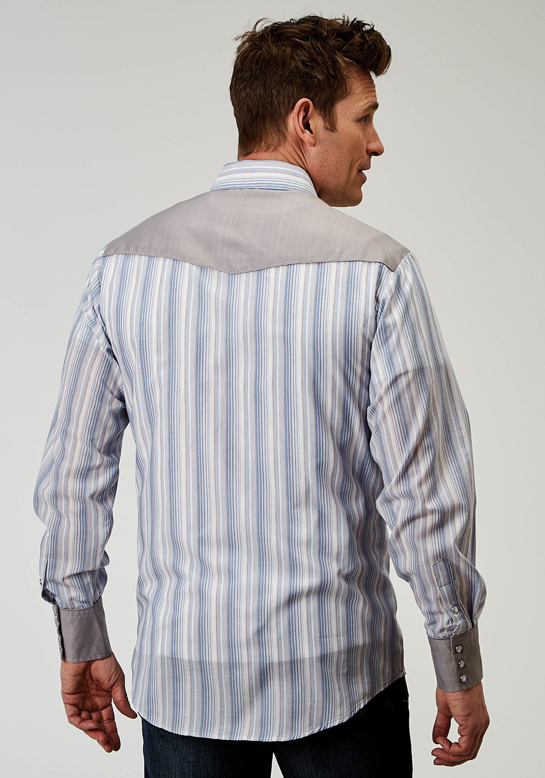MENS LONG SLEEVE SNAP BLUE STRIPE WESTERN SHIRT WITH PIPING SOLID YOKES SMILE POCKETS