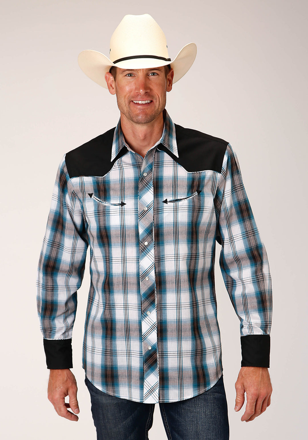 MENS LONG SLEEVE SNAP PEACOCK BU BROWN BLACK WH PLAID WESTERN SHIRT WITH SOLID YOKES AND PIPING
