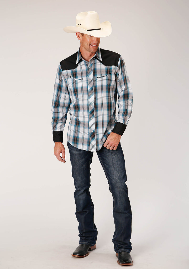 MENS LONG SLEEVE SNAP PEACOCK BU BROWN BLACK WH PLAID WESTERN SHIRT WITH SOLID YOKES AND PIPING