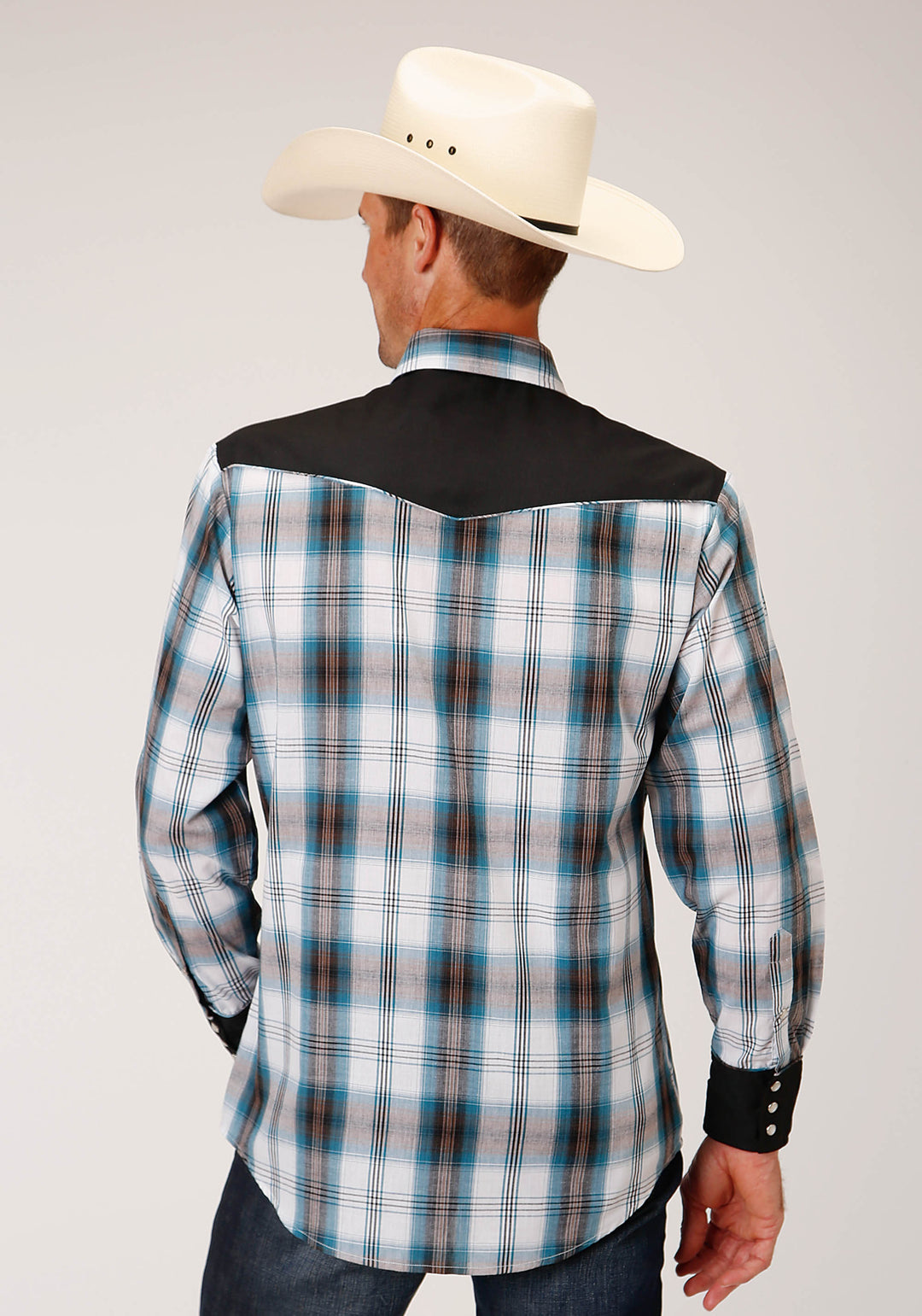 MENS LONG SLEEVE SNAP PEACOCK BU BROWN BLACK WH PLAID WESTERN SHIRT WITH SOLID YOKES AND PIPING
