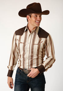 MENS LONG SLEEVE SNAP BROWN AND CREAM OMBRE STRIPE WESTERN SHIRT