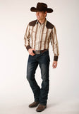 MENS LONG SLEEVE SNAP BROWN AND CREAM OMBRE STRIPE WESTERN SHIRT