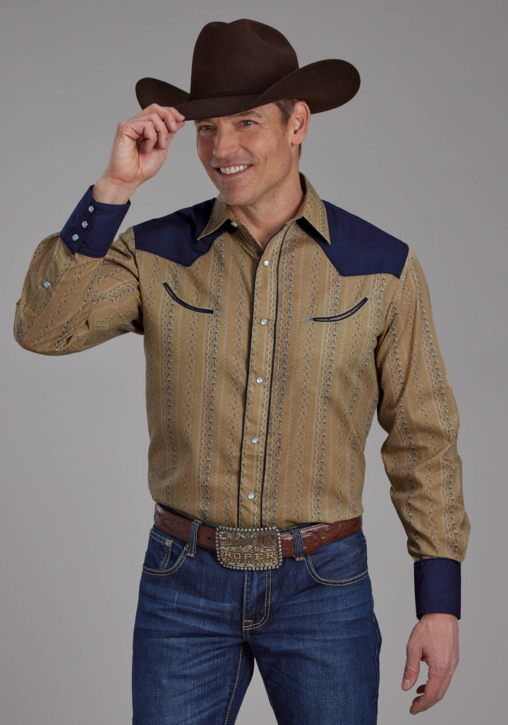 MENS TAN AND NAVY WALLPAPER PRINT LONG SLEEVE SNAP WESTERN SHIRT