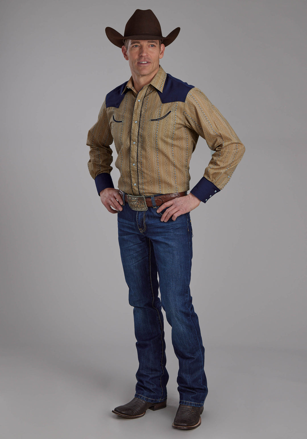 MENS TAN AND NAVY WALLPAPER PRINT LONG SLEEVE SNAP WESTERN SHIRT