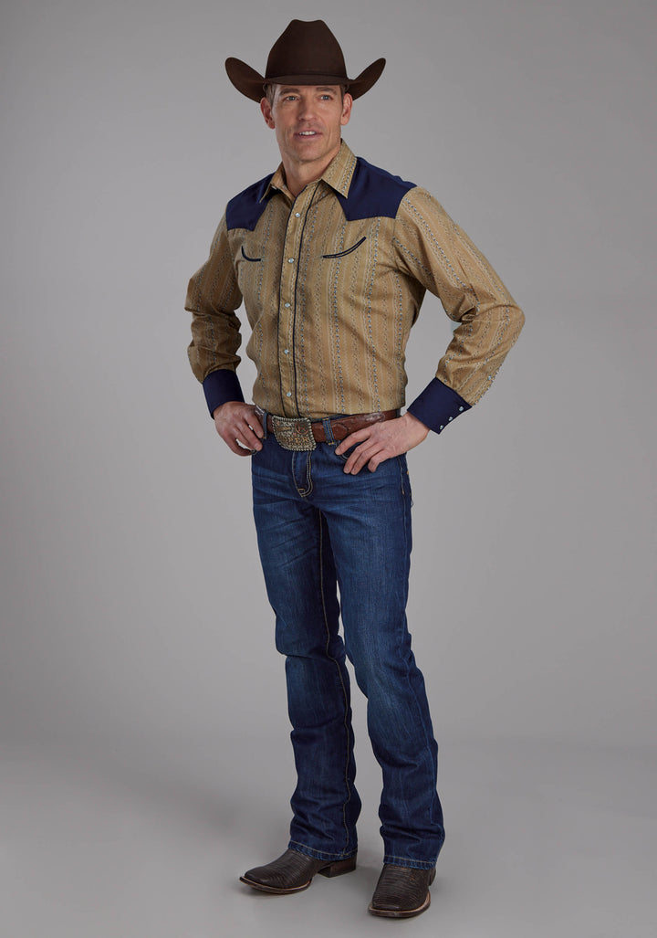 MENS TAN AND NAVY WALLPAPER PRINT LONG SLEEVE SNAP WESTERN SHIRT