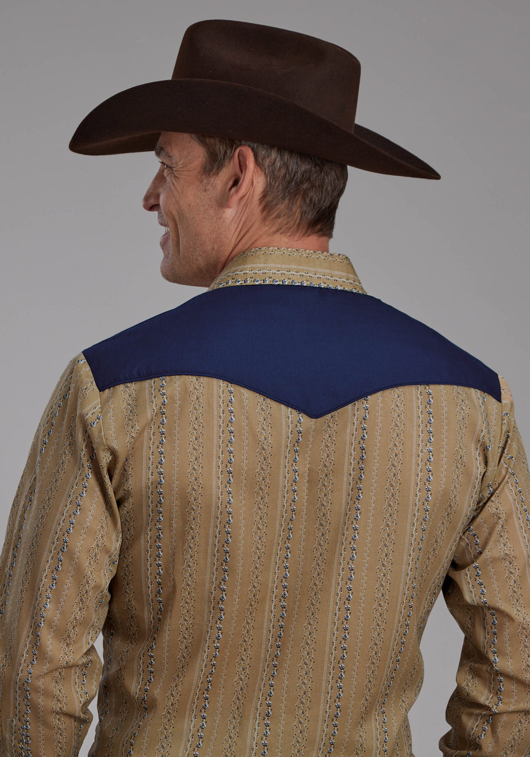 MENS TAN AND NAVY WALLPAPER PRINT LONG SLEEVE SNAP WESTERN SHIRT