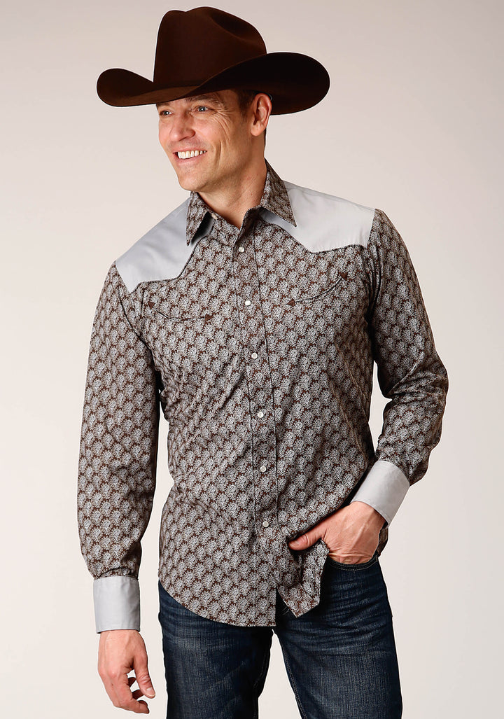 MENS LONG SLEEVE SNAP CHOCOLATE AND CREAM TEARDROP PRINT WESTERN SHIRT