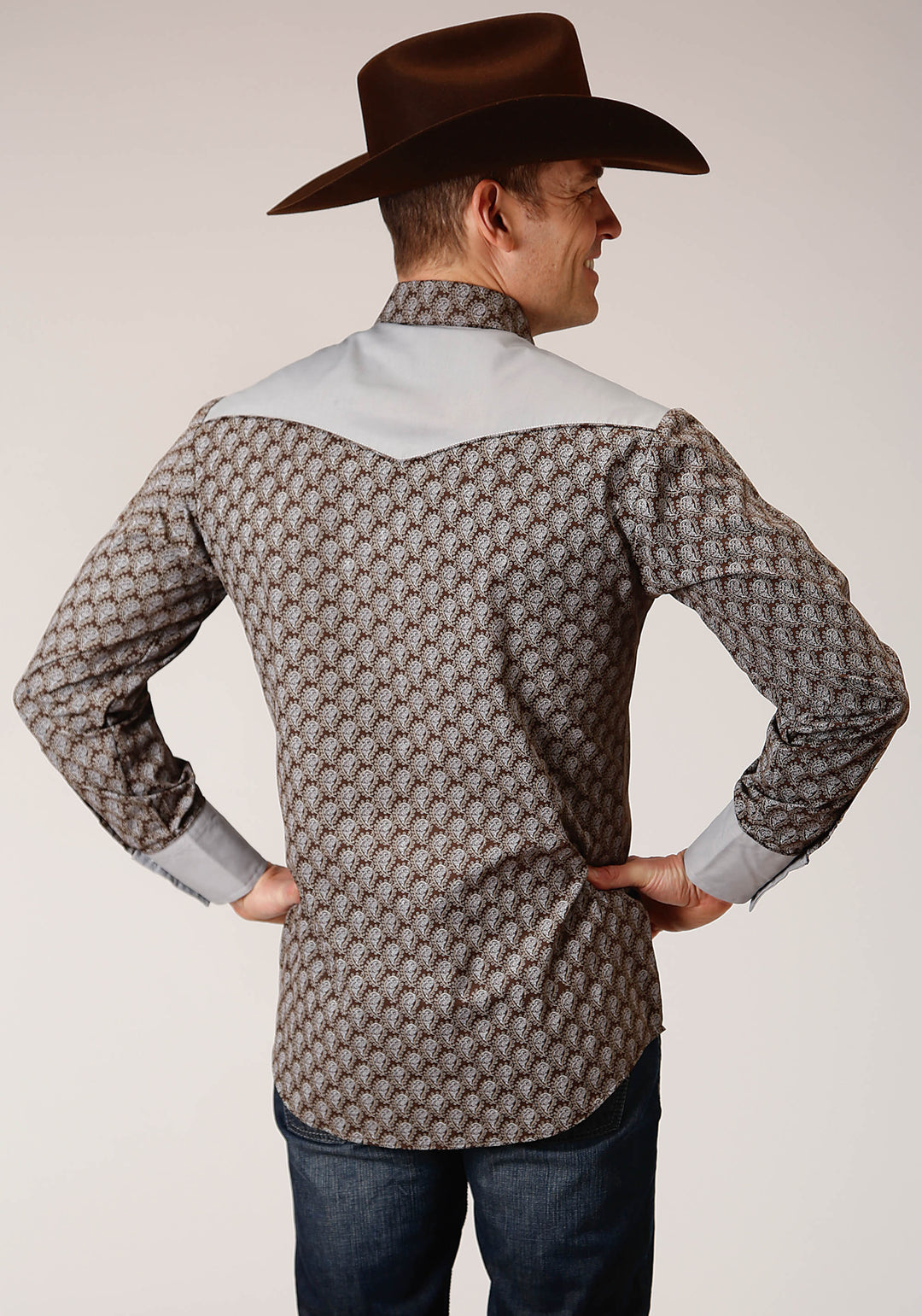 MENS LONG SLEEVE SNAP CHOCOLATE AND CREAM TEARDROP PRINT WESTERN SHIRT