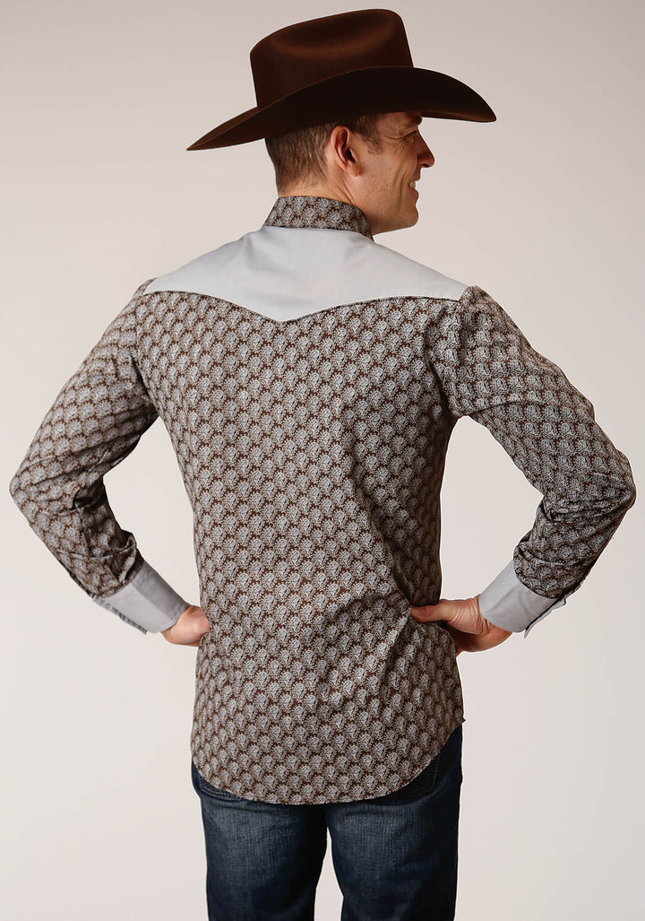 MENS LONG SLEEVE SNAP CHOCOLATE AND CREAM TEARDROP PRINT WESTERN SHIRT