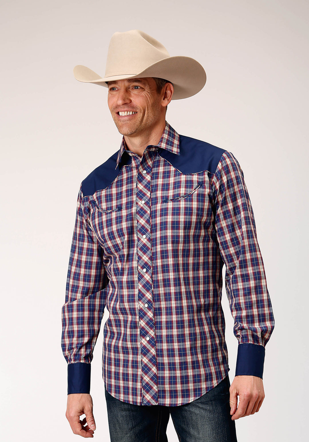MENS LONG SLEEVE SNAP NAVY RED CREAM PLAID WESTERN SHIRT WITH SOLID YOKES AND SMILE POCKETS