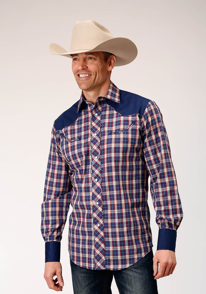 MENS LONG SLEEVE SNAP NAVY RED CREAM PLAID WESTERN SHIRT WITH SOLID YOKES AND SMILE POCKETS