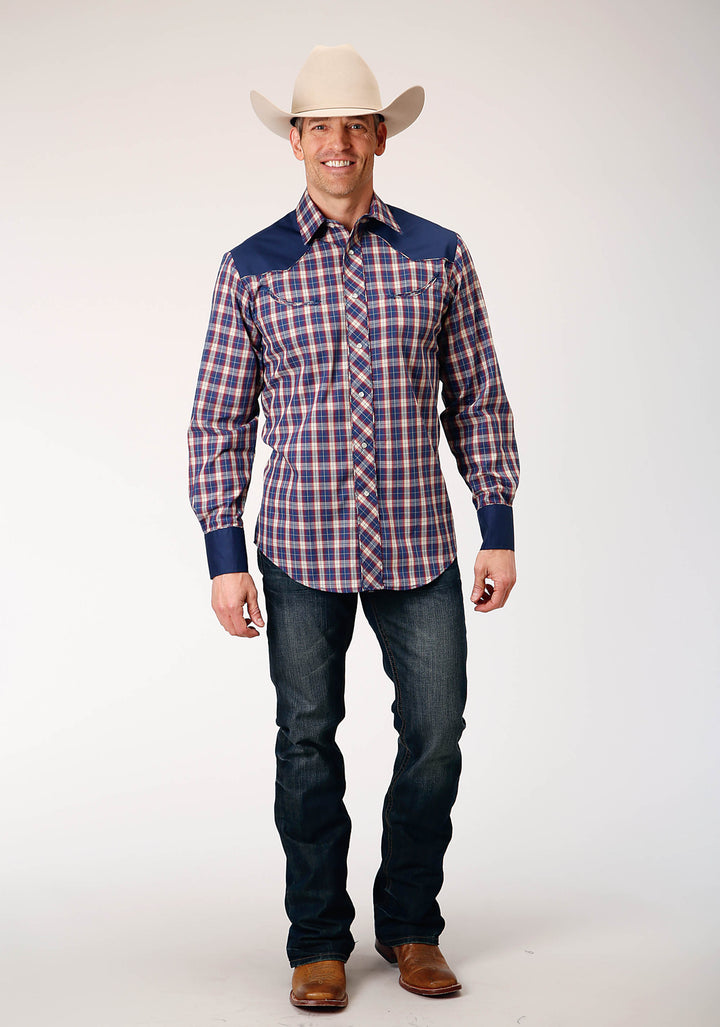 MENS LONG SLEEVE SNAP NAVY RED CREAM PLAID WESTERN SHIRT WITH SOLID YOKES AND SMILE POCKETS