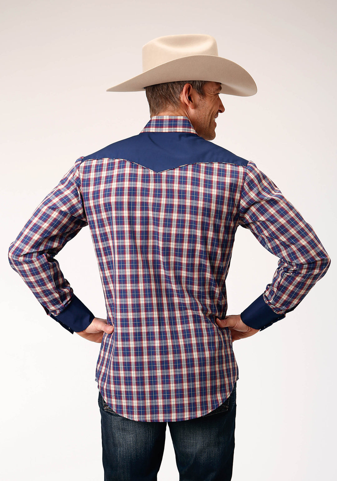 MENS LONG SLEEVE SNAP NAVY RED CREAM PLAID WESTERN SHIRT WITH SOLID YOKES AND SMILE POCKETS