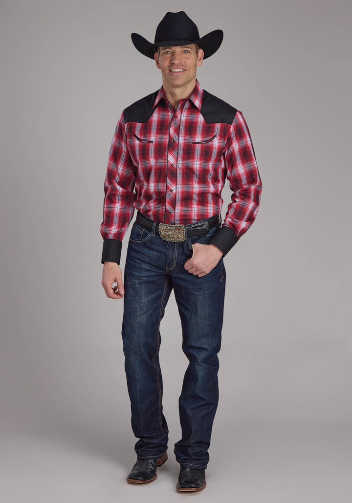 MENS RED WHITE AND BLACK PLAID LONG SLEEVE SNAP WESTERN SHIRT