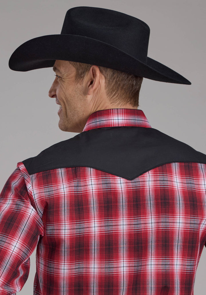 MENS RED WHITE AND BLACK PLAID LONG SLEEVE SNAP WESTERN SHIRT