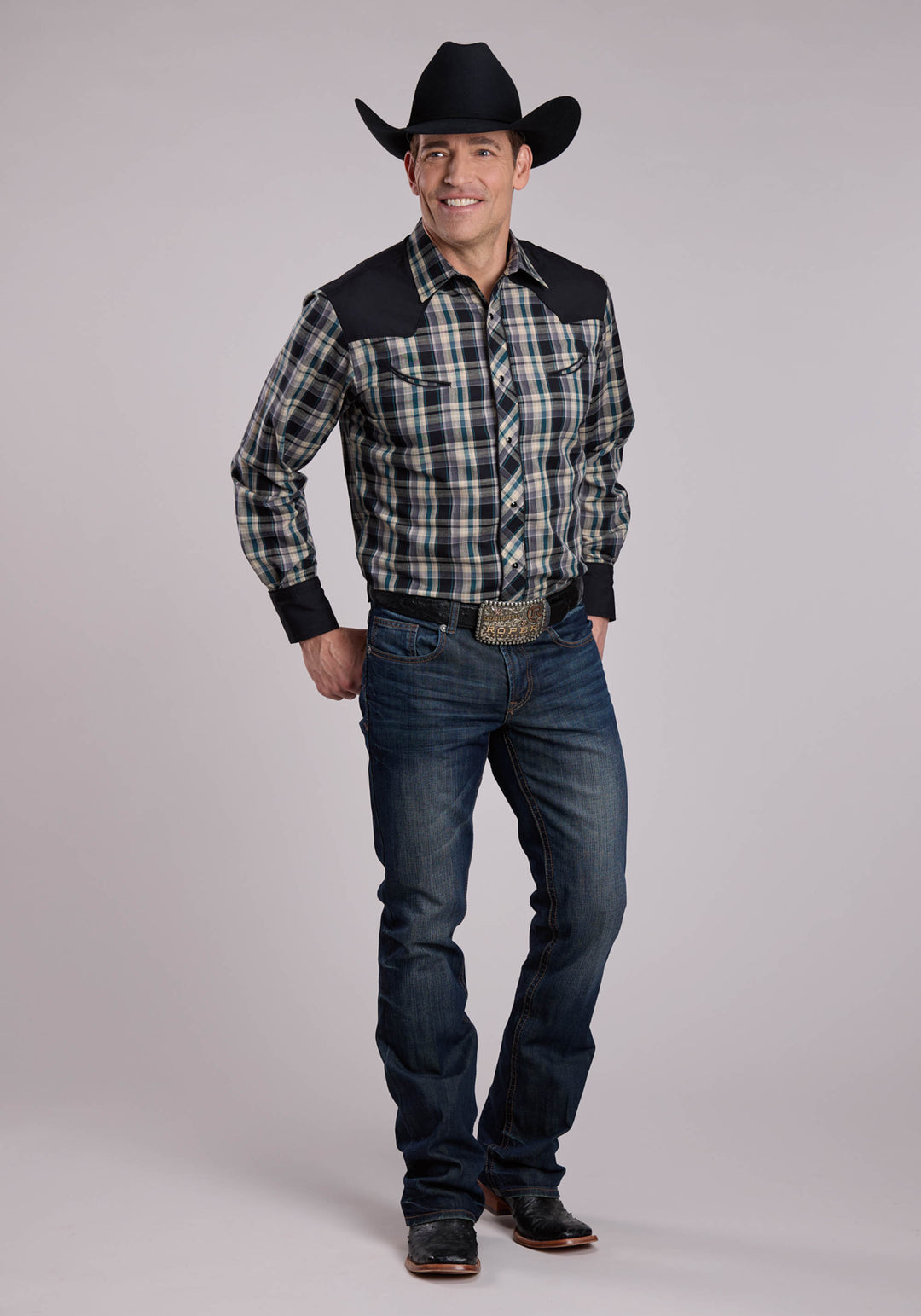 MENS LONG SLEEVE SNAP FOREST BLACK TAN PLAID WESTERN SHIRT