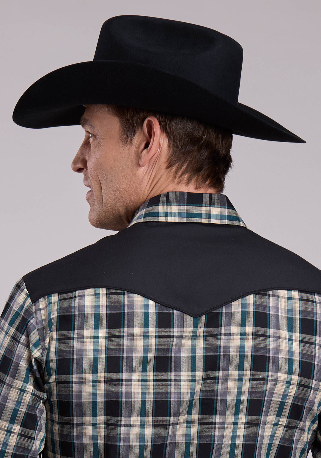 MENS LONG SLEEVE SNAP FOREST BLACK TAN PLAID WESTERN SHIRT