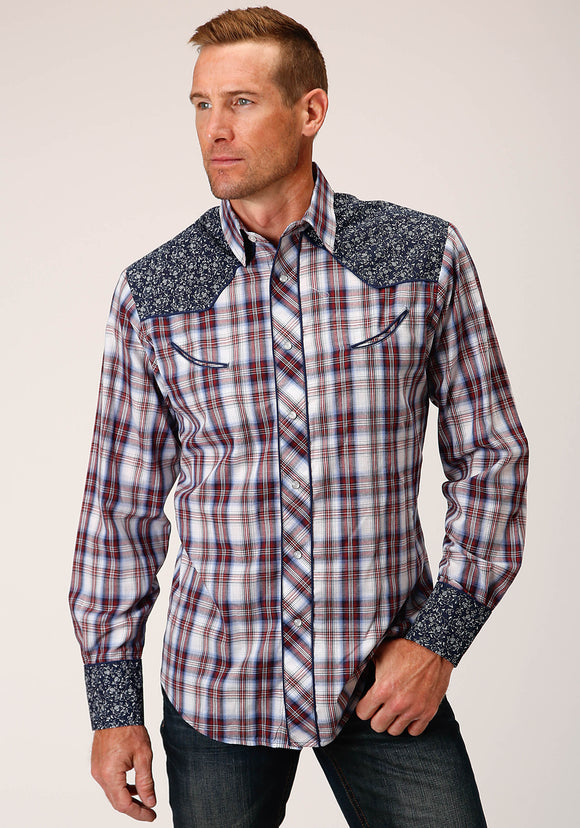 MENS LONG SLEEVE SNAP WINE  NAVY  AND WHITE PLAID WESTERN SHIRT