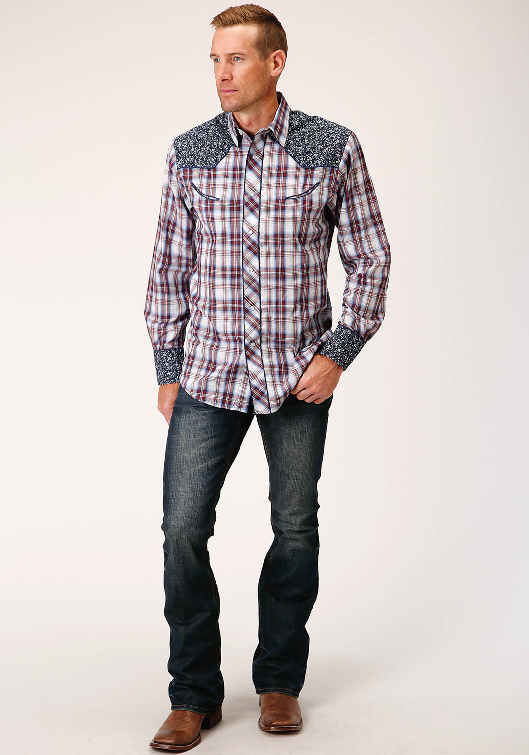 MENS LONG SLEEVE SNAP WINE  NAVY  AND WHITE PLAID WESTERN SHIRT