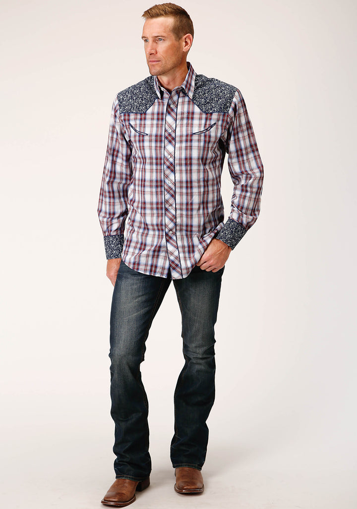 MENS LONG SLEEVE SNAP WINE  NAVY  AND WHITE PLAID WESTERN SHIRT