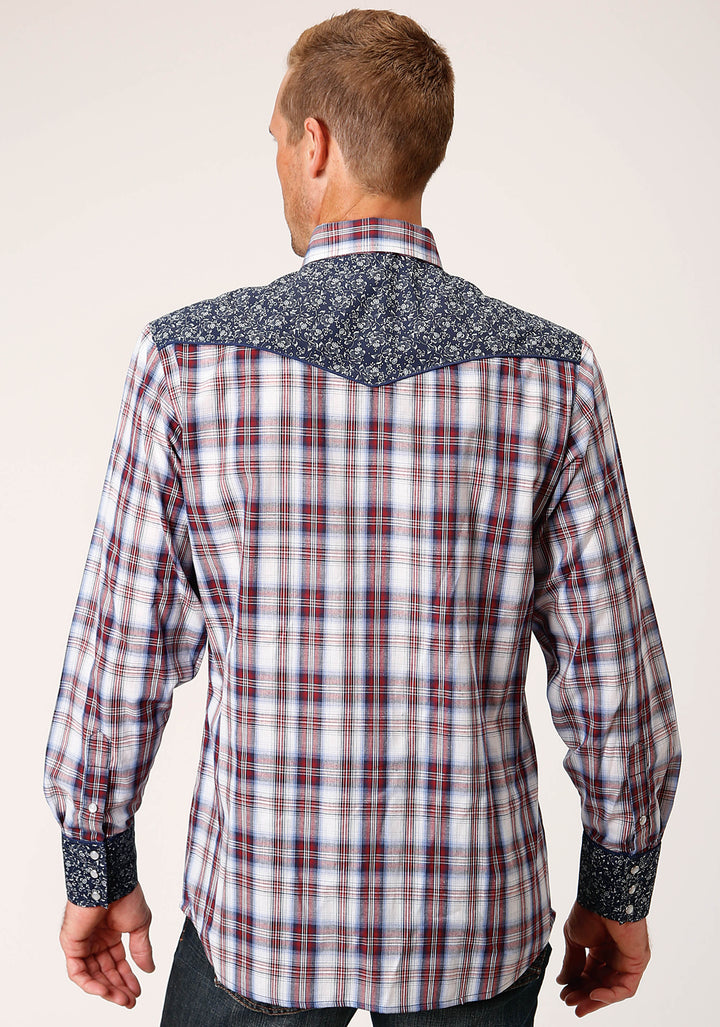 MENS LONG SLEEVE SNAP WINE  NAVY  AND WHITE PLAID WESTERN SHIRT