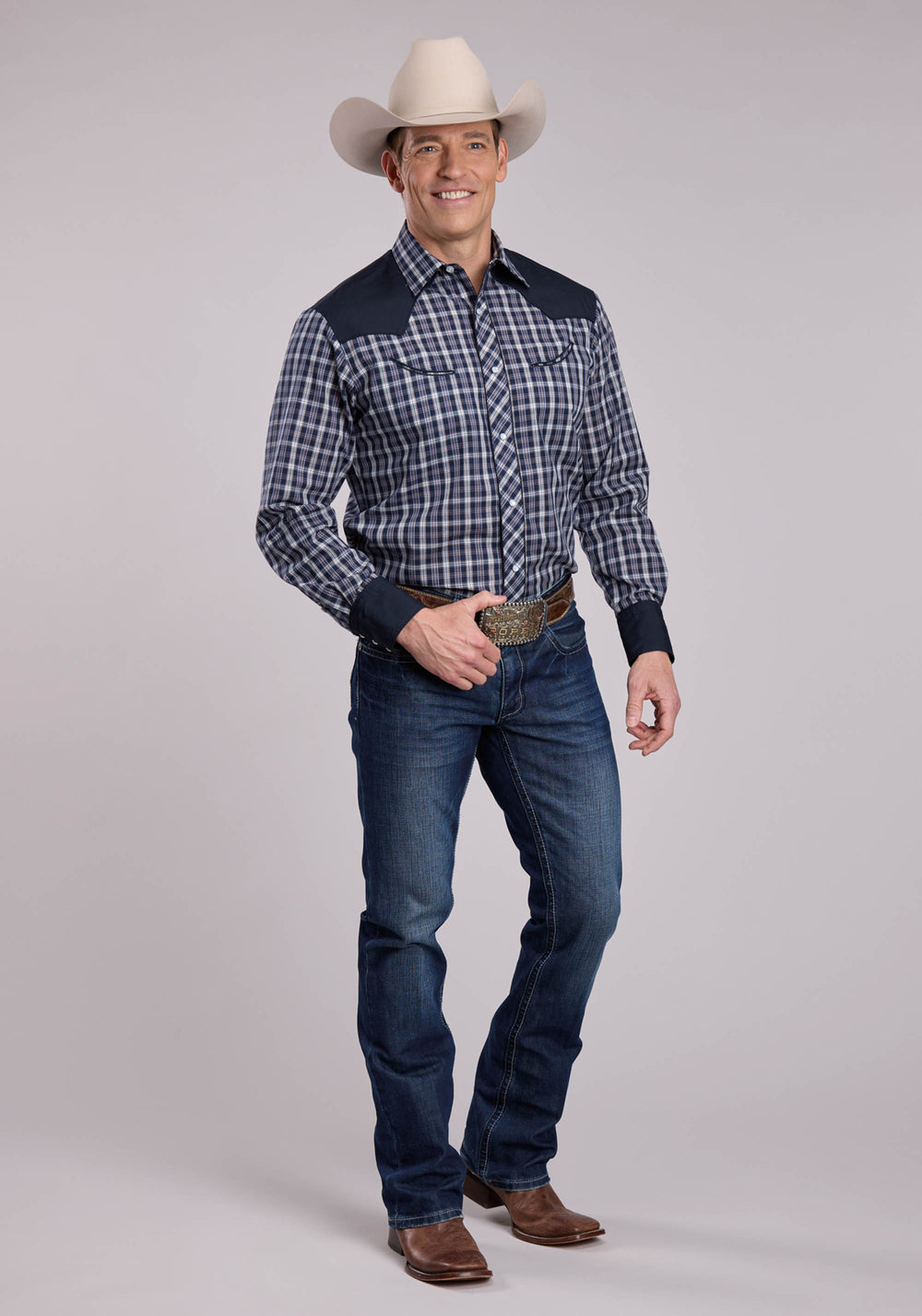 MENS ROPER NAVY PLAID LONG SLEEVE SNAP SHIRT