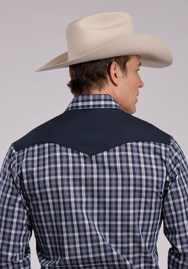 MENS ROPER NAVY PLAID LONG SLEEVE SNAP SHIRT