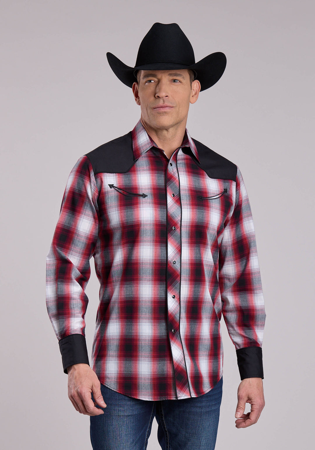 MENS ROPER BLACK RED  WHITE LONG SLEEVE SNAP SHIRT