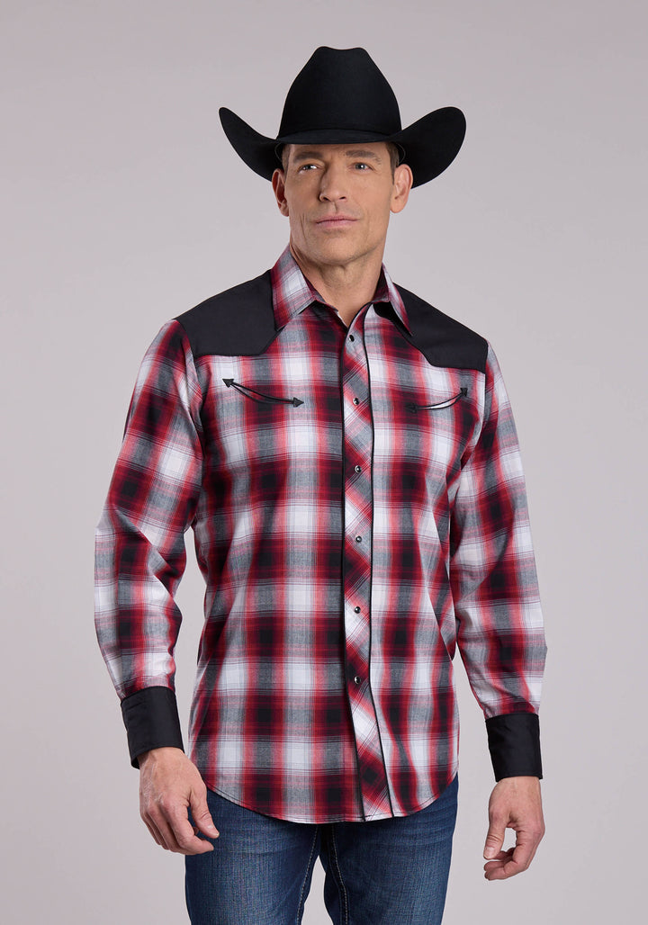 MENS ROPER BLACK RED  WHITE LONG SLEEVE SNAP SHIRT