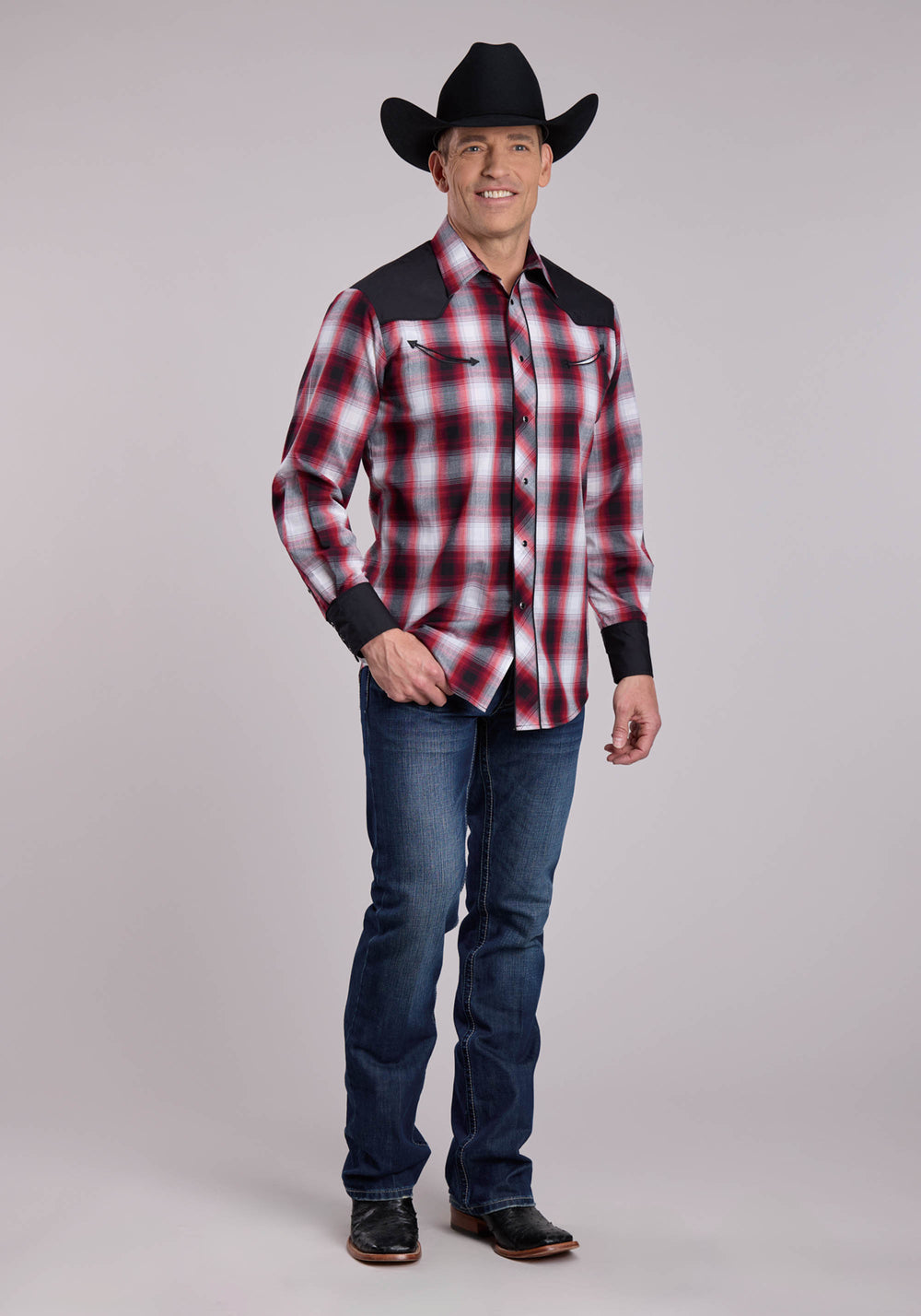 MENS ROPER BLACK RED  WHITE LONG SLEEVE SNAP SHIRT
