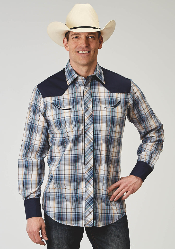 MENS LONG SLEEVE SNAP MADRIS PLAID PLAID WESTERN SHIRT WITH PIPING SOLID YOKES SMILE POCKETS