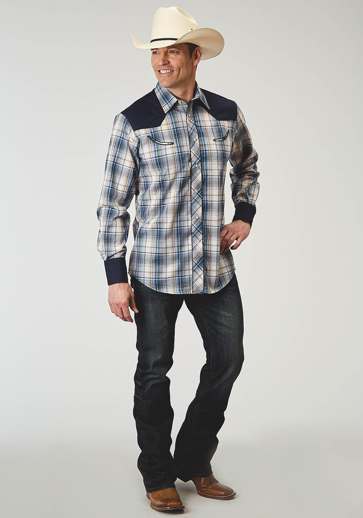 MENS LONG SLEEVE SNAP MADRIS PLAID PLAID WESTERN SHIRT WITH PIPING SOLID YOKES SMILE POCKETS