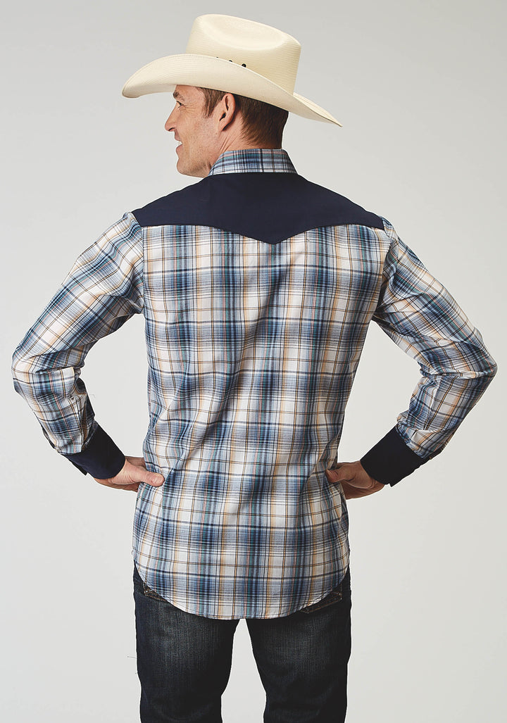MENS LONG SLEEVE SNAP MADRIS PLAID PLAID WESTERN SHIRT WITH PIPING SOLID YOKES SMILE POCKETS