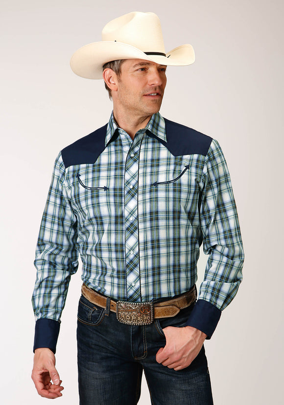 MENS LONG SLEEVE SNAP OLIVE  BLUE  CREAM PLAID WESTERN SHIRT