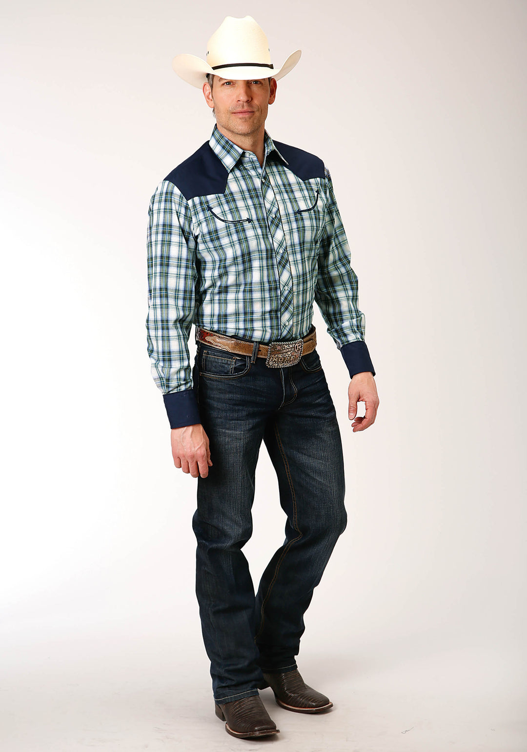 MENS LONG SLEEVE SNAP OLIVE  BLUE  CREAM PLAID WESTERN SHIRT