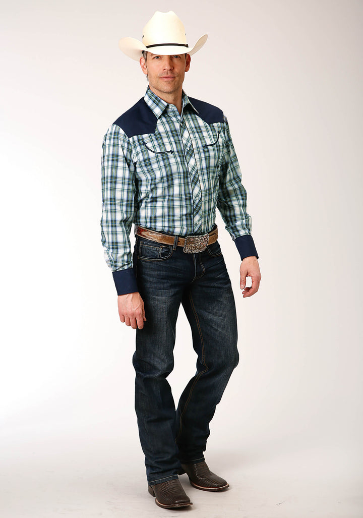 MENS LONG SLEEVE SNAP OLIVE  BLUE  CREAM PLAID WESTERN SHIRT