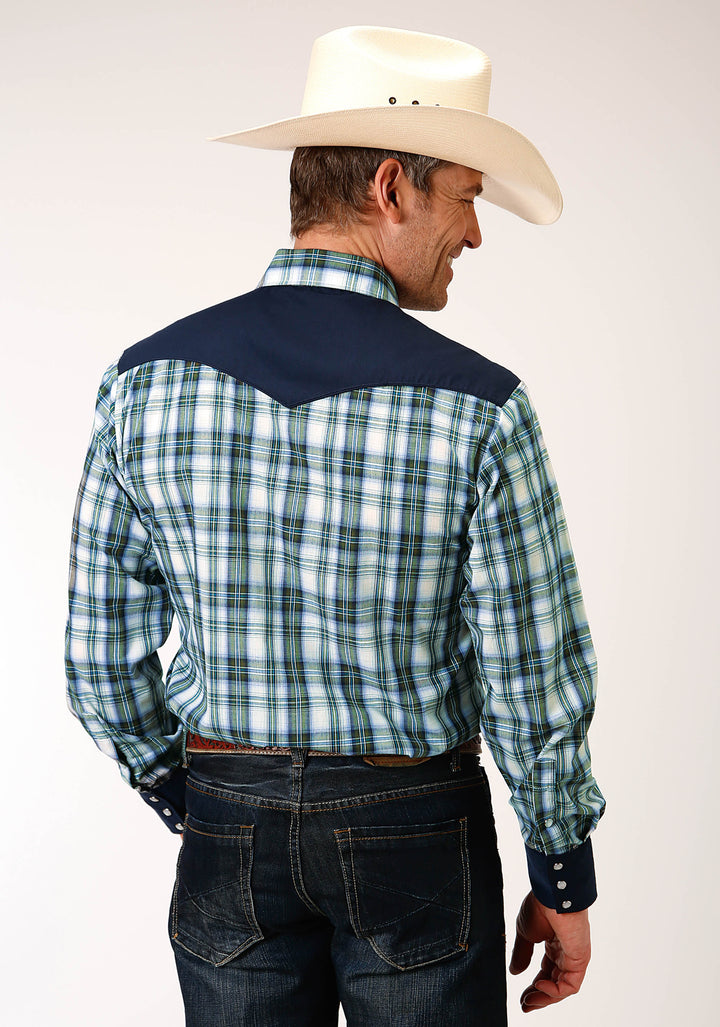 MENS LONG SLEEVE SNAP OLIVE  BLUE  CREAM PLAID WESTERN SHIRT