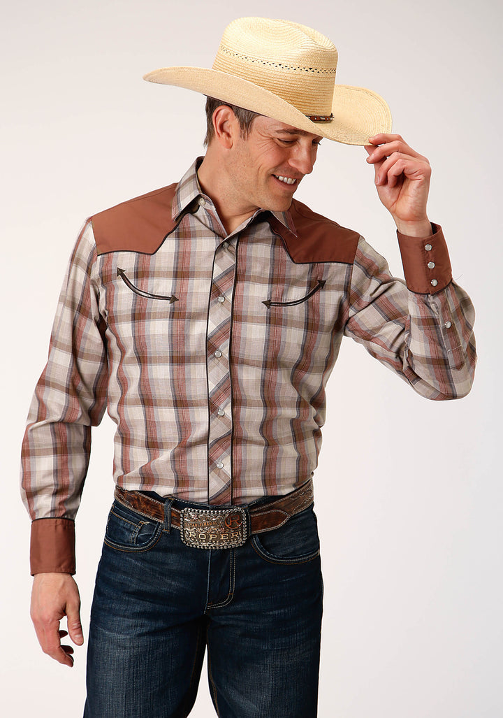 MENS LONG SLEEVE SNAP TAN WINE  AND BROWN PLAID WESTERN SHIRT