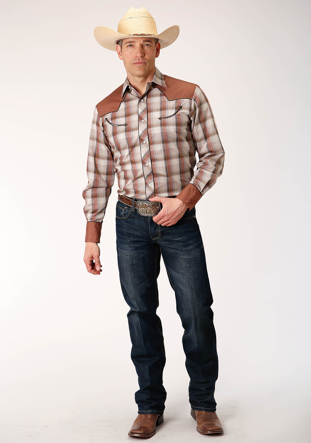 MENS LONG SLEEVE SNAP TAN WINE  AND BROWN PLAID WESTERN SHIRT