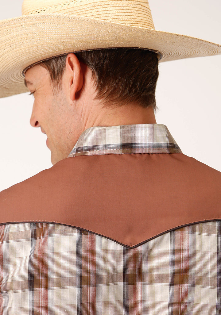 MENS LONG SLEEVE SNAP TAN WINE  AND BROWN PLAID WESTERN SHIRT