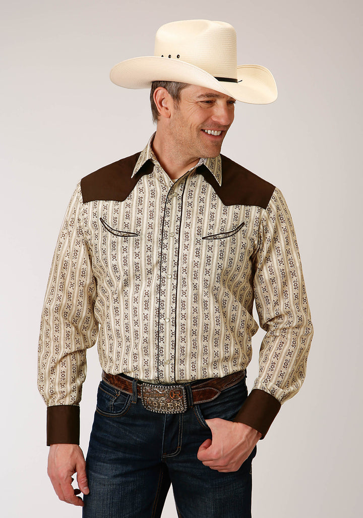 MENS LONG SLEEVE SNAP CREAM AND BROWN WALLPAPER STRIPE WESTERN SHIRT