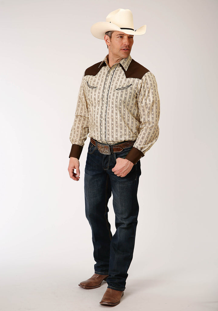 MENS LONG SLEEVE SNAP CREAM AND BROWN WALLPAPER STRIPE WESTERN SHIRT